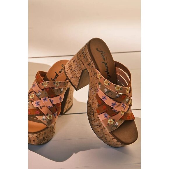 NWOT Free People leather suede floral embroidered strap cork platform mules - Picture 3 of 12